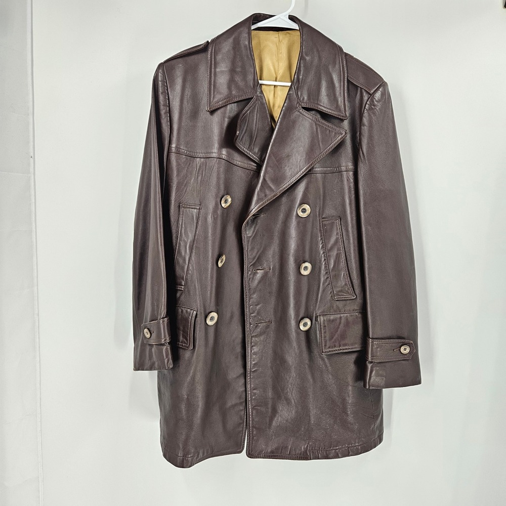 Vintage Abercrombie & Fitch Mens Leather Coat Jacket Brown Double Breasted Sz 40